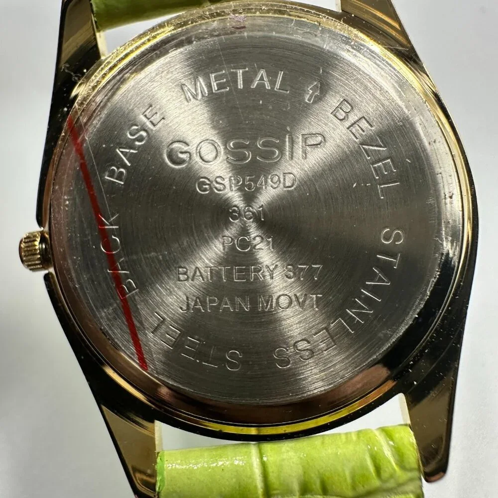 3/$30 Gossip Watch Women Gold Tone Green Leather Band New Battery 9 Inch